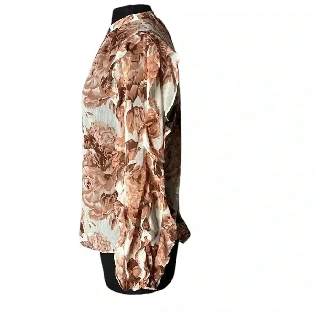 Express Floral Abstract Print Multicolor Ruffle Button Front Sheer Blouse Size S - Picture 3 of 8